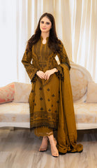 LIBAAS-3PC DHANAK EMBROIDERED SHIRT WITH DHANAK EMBROIDERED SHAWL & EMB TROUSER