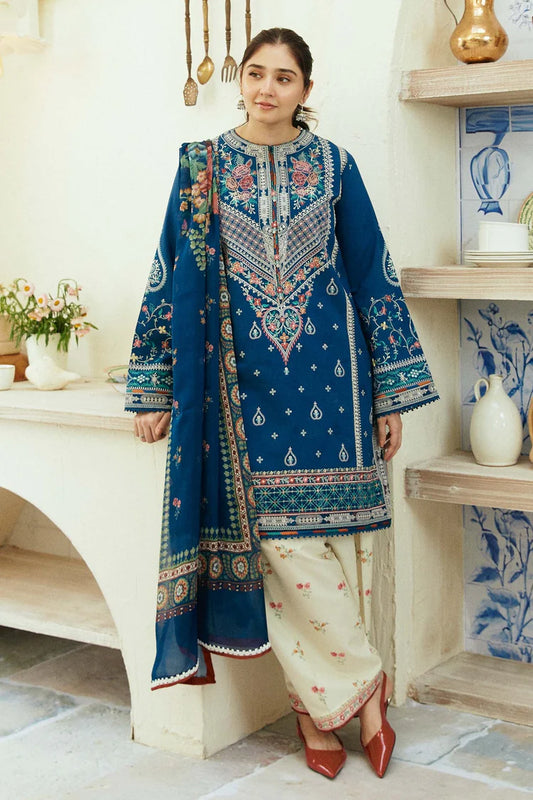 ZARASHAHJAHAN- 3PC DHANAK EMBROIDERED SHIRT WITH COUTRAI WOOL PRINT SHAWL & EMB TROUSER
