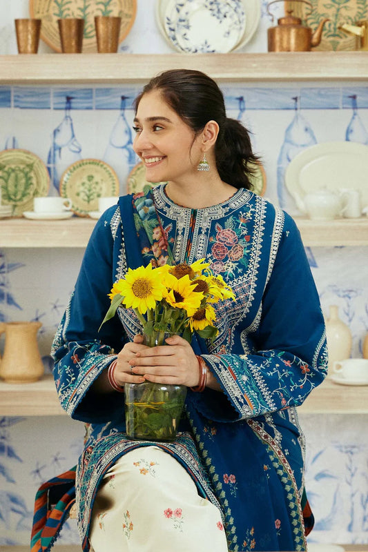 ZARASHAHJAHAN- 3PC DHANAK EMBROIDERED SHIRT WITH COUTRAI WOOL PRINT SHAWL & EMB TROUSER