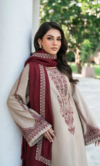 BAROQUE-3PC DHANAK EMBROIDERED SHIRT WITH DHANAK EMBROIDERED SHAWL AND EMB TROUSER