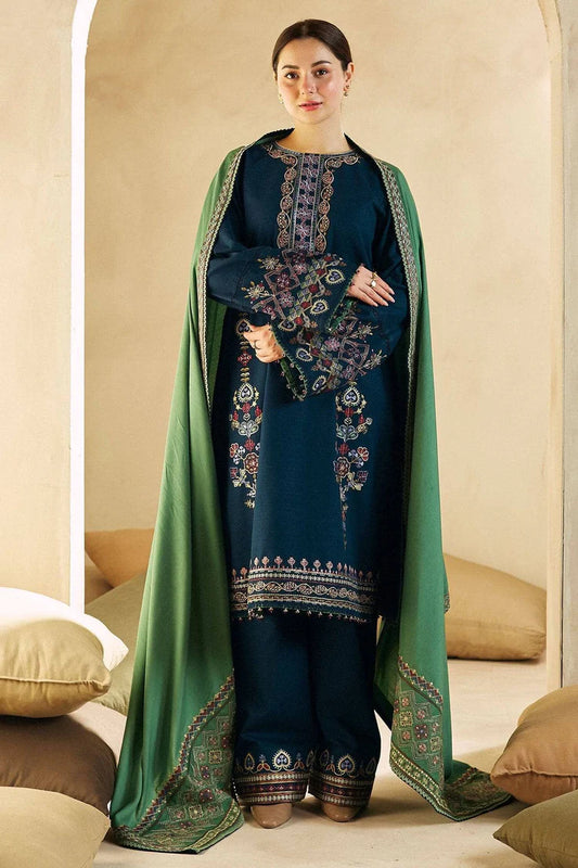 ZARA SHAH JAHAN- 3PC DHANAK EMBROIDERED SHIRT WITH DHANAK EMBROIDERED SHAWL AND EMB TROUSER