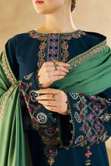 ZARA SHAH JAHAN- 3PC DHANAK EMBROIDERED SHIRT WITH DHANAK EMBROIDERED SHAWL AND EMB TROUSER
