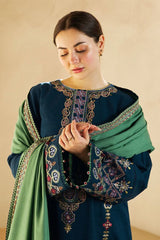 ZARA SHAH JAHAN- 3PC DHANAK EMBROIDERED SHIRT WITH DHANAK EMBROIDERED SHAWL AND EMB TROUSER