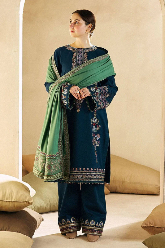 ZARA SHAH JAHAN- 3PC DHANAK EMBROIDERED SHIRT WITH DHANAK EMBROIDERED SHAWL AND EMB TROUSER