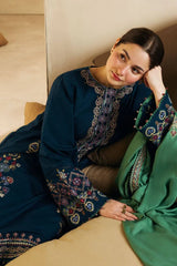 ZARA SHAH JAHAN- 3PC DHANAK EMBROIDERED SHIRT WITH DHANAK EMBROIDERED SHAWL AND EMB TROUSER