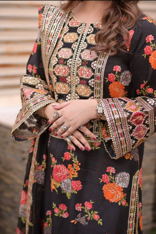 Aneelas Silk Embroidered Unstitched 3 Pcs Dress