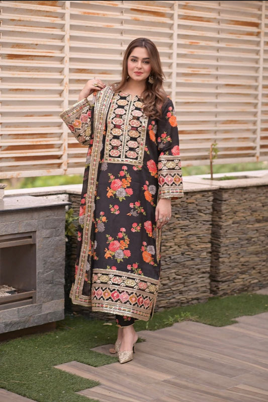 Aneelas Silk Embroidered Unstitched 3 Pcs Dress