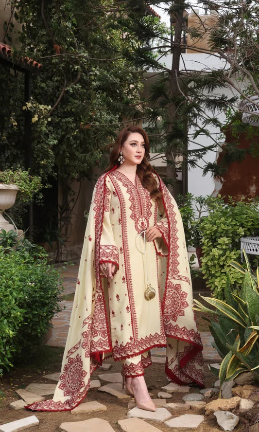 Aneelas Unstitched Dhanak 3 Piece Luxury Embroidered  Dhanak Shawl