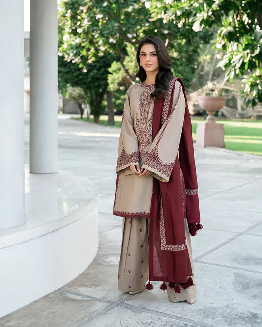 BAROQUE-3PC DHANAK EMBROIDERED SHIRT WITH DHANAK EMBROIDERED SHAWL AND EMB TROUSER