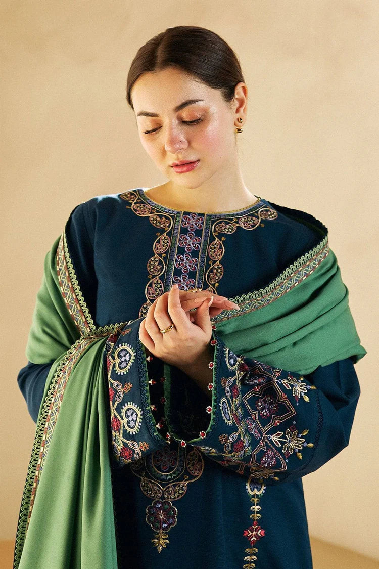 ZARA SHAH JAHAN- 3PC DHANAK EMBROIDERED SHIRT WITH DHANAK EMBROIDERED SHAWL AND EMB TROUSER