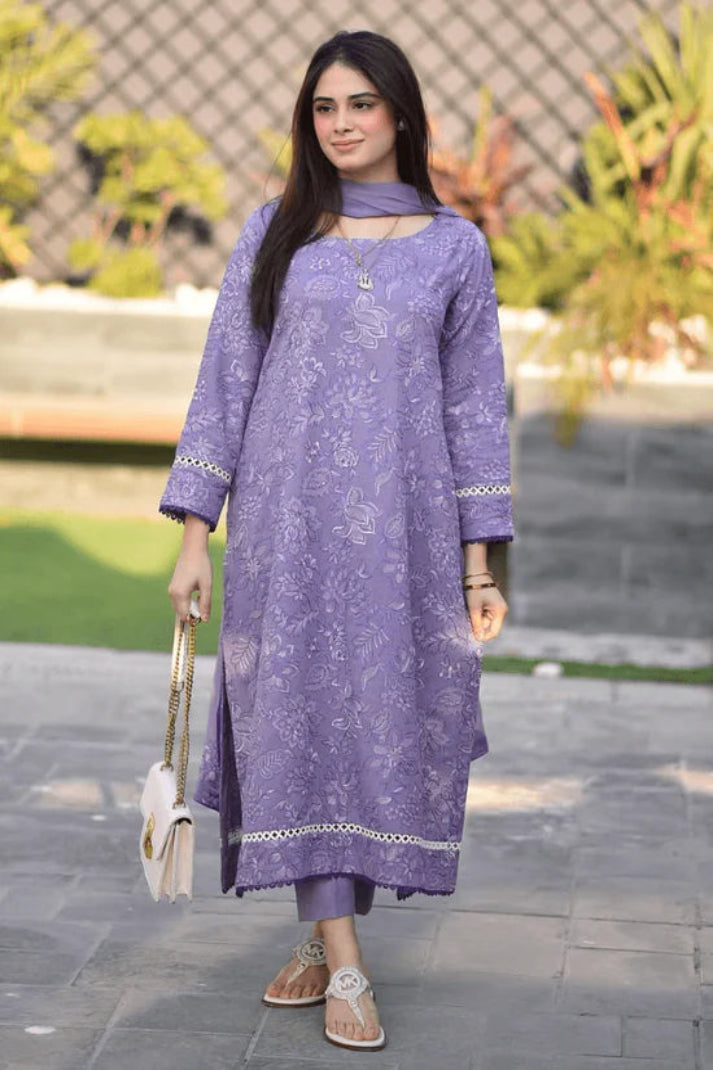BAREEZE-3PC DHANAK EMBROIDERED SHIRT WITH CHIFFON EMBROIDERED DUPATTA AND
